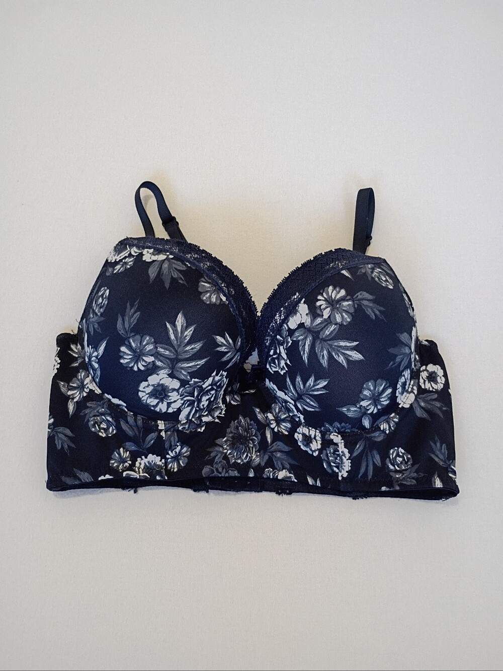 Navy Blue & White Floral PushUp Bra Lace Trim Wide Band 36C Cottagecore Feminine